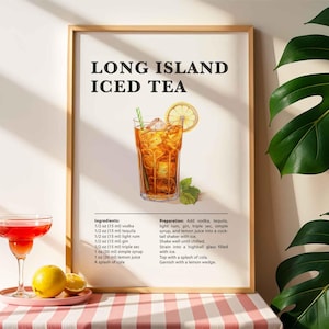 Impressão de coquetel de chá gelado Long Island, receita de coquetel, pôster de carrinho de bar, impressão de bebida alcoólica clássica, arte de parede para bar ou cozinha