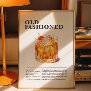 Old Fashioned Cocktail Print, Cocktail Recipe Bar Cart Posters Print Classic Alcohol Drink Wall Art For Bar Or Kitchen