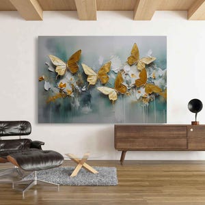 Stampa artistica su tela astratta moderna con farfalla dorata, texture grigia e oro, stampe di farfalle, decorazioni murali uniche, decorazioni per la casa con farfalle