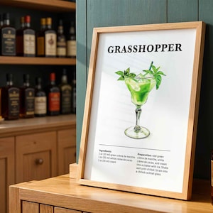 Koktajl Grasshopper Wydrukuj Przepis na koktajl Bar Cart Plakaty Wydrukuj Klasyczny napój alkoholowy Sztuka ścienna do baru lub kuchni