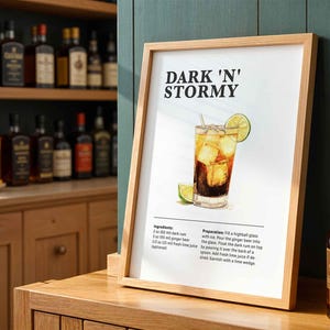 Dark and Stormy Cocktail Print, Cocktail Recipe Bar Cart Posters Print Classic Alcohol Drink Wall Art For Bar Or Kitchen