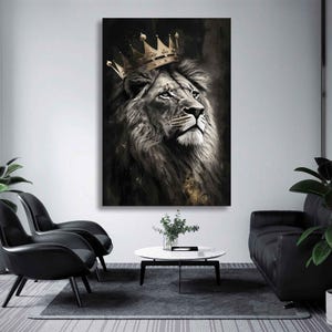 Toile d&#39;art murale majestueuse du Roi Lion - Impression de lion majestueux couronné noir et or pour une décoration moderne