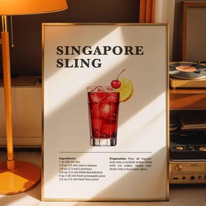Singapore Sling Cocktail Print, plakaty z przepisami na koktajle do baru, klasyczny napój alkoholowy, sztuka ścienna do baru lub kuchni