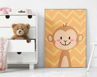 Cute Monkey Nursery Print, Safari Jungle Animal Art, Poster