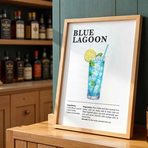 Póster de cóctel Blue Lagoon / Estilo vintage / Decoración de cocina / Arte de carrito de bar / Inspiración para bar en casa / Receta de cóctel / Regalo para mixólogos