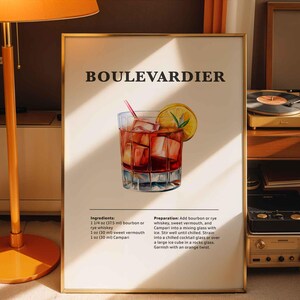 Póster de cóctel Boulevardier / Impresión de recetas de cócteles / Arte elegante para bar o cocina / Regalo para amantes de los cócteles / Arte mural para el hogar y el salón
