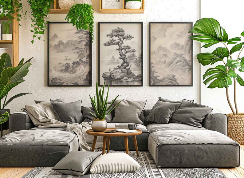 Vintage Japanese Art Gallery Wall Set of 3 Prints Mountain Wall Art, Bedroom Wall Art and Living Room Wall Art, Minimalist Wall Art Prints