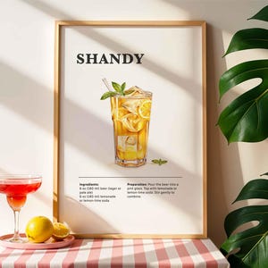 Wydruk koktajlu Shandy, plakaty z przepisami na koktajle do baru Wydrukuj klasyczny napój alkoholowy Sztuka ścienna do baru lub kuchni