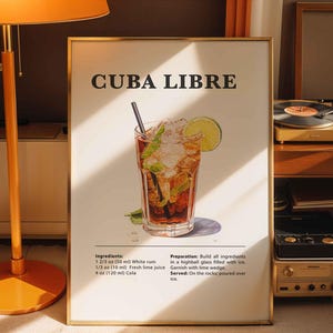 Impressão de coquetel Cuba Libre, pôster de receita de coquetel, impressão de carrinho de bar, arte de parede clássica de bebida alcoólica para bar ou cozinha