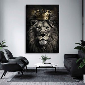 Art mural majestueux lion couronné - Noir et or royal, imprimé animal