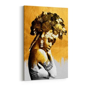 Golden African Woman Canvas Wall Art – Elegant Black and Gold Portrait Artwork, Modern Abstract Female Artwork for Home Décor