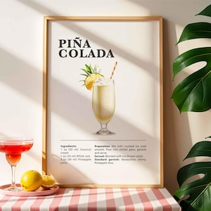 Impressão de coquetel de pina colada, receita de coquetel, pôster de carrinho de bar, impressão de bebida alcoólica clássica, arte de parede para bar ou cozinha