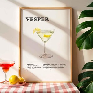 Receita de coquetel Vesper, carrinho de bar com impressão de coquetéis, pôsteres com bebidas alcoólicas clássicas, arte de parede para bar ou cozinha