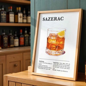 Receita de coquetel Sazerac, carrinho de bar com impressão de coquetéis, pôsteres com bebidas alcoólicas clássicas, arte de parede para bar ou cozinha