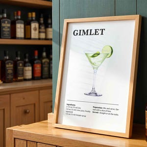 Gimlet Cocktail Print Przepis na koktajl Bar Cart Plakaty Drukuj Klasyczny napój alkoholowy Sztuka ścienna do baru lub kuchni