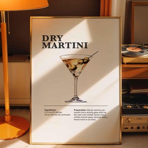 Wydrukuj koktajl z suchym martini Przepis na koktajl Bar Cart Plakaty Drukuj Klasyczny napój alkoholowy Sztuka ścienna do baru lub kuchni