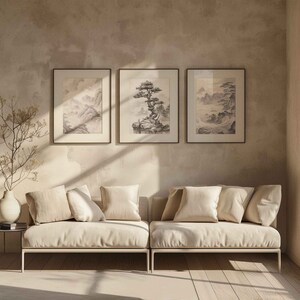 Vintage Japanese Art Gallery Wall Set of 3 Prints Mountain Wall Art, Bedroom Wall Art and Living Room Wall Art, Minimalist Wall Art Prints