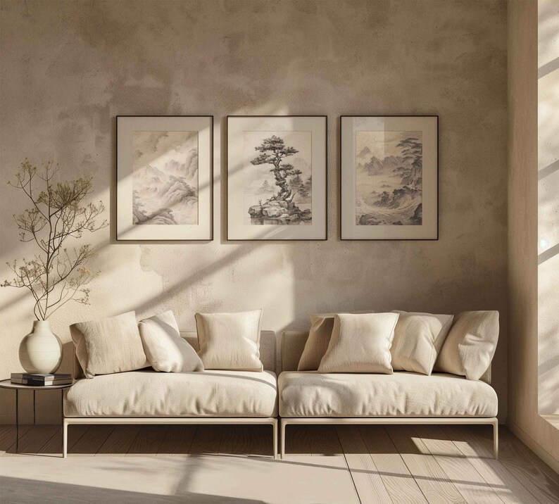 Vintage Japanese Art Gallery Wall Set of 3 Prints Mountain Wall Art, Bedroom Wall Art and Living Room Wall Art, Minimalist Wall Art Prints