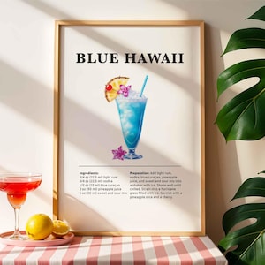Póster de cócteles hawaianos azules / Estilo vintage / Decoración de cocina / Arte para carritos de bar / Inspiración para bares en casa / Receta de cócteles / Regalo para mixólogos