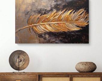 Golden Feather Abstract Canvas Art – Textured Metallic Painting