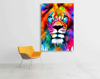 Colorful Lion Art Print, Abstract Wildlife Wall Decor, Framed Canvas
