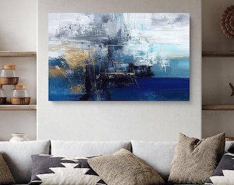 Blue and Gold Abstract Canvas Art - Textured Modern Artwork