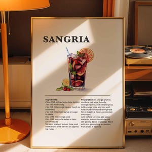 Sangria Cocktail Print Przepis na koktajl Bar Cart Plakaty Drukuj Klasyczny napój alkoholowy Sztuka ścienna do baru lub kuchni
