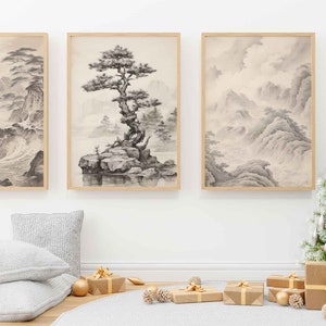 Vintage Japanese Art Gallery Wall Set of 3 Prints Mountain Wall Art, Bedroom Wall Art and Living Room Wall Art, Minimalist Wall Art Prints