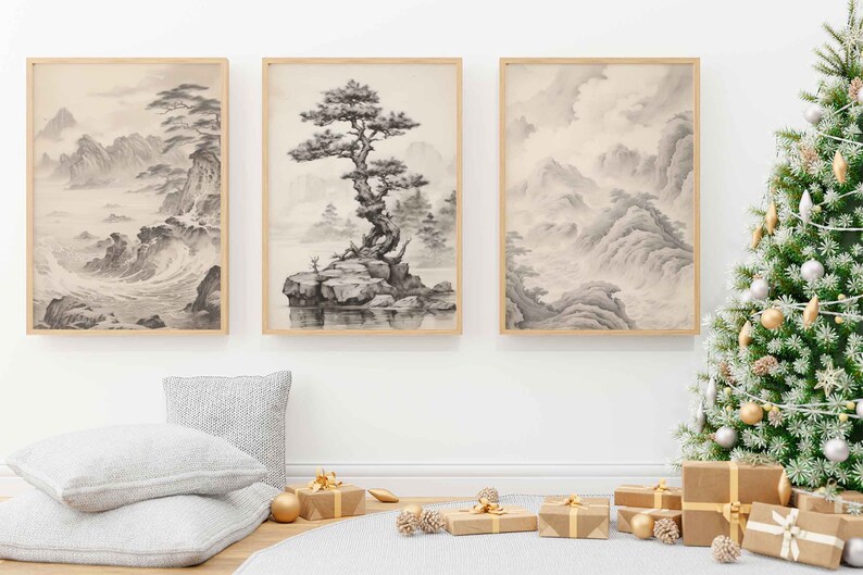 Vintage Japanese Art Gallery Wall Set of 3 Prints Mountain Wall Art, Bedroom Wall Art and Living Room Wall Art, Minimalist Wall Art Prints