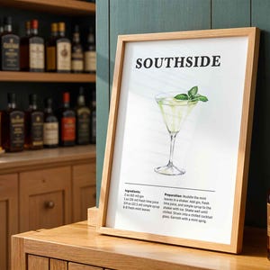 Southside Cocktail Print, plakaty z przepisami na koktajle do baru, klasyczny drink alkoholowy, sztuka ścienna do baru lub kuchni
