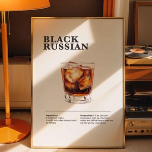 Impressão de coquetel russo preto | Decoração de carrinho de bar da moda | Pôster de bebida retrô | Arte de parede minimalista elegante | Placa de festa sofisticada
