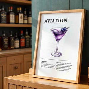 Impressão de coquetel de aviação | Decoração de carrinho de bar estiloso | Pôster de bebida vintage | Arte em aquarela retrô | Decoração de parede de coquetel elegante | Presente para ela