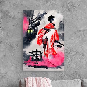 Linda mulher negra gueixa arte de parede decoração de casa impressões de quarto sala de estar decoração de parede impressões emolduradas gueixa cyberpunk impressão de arte em tela