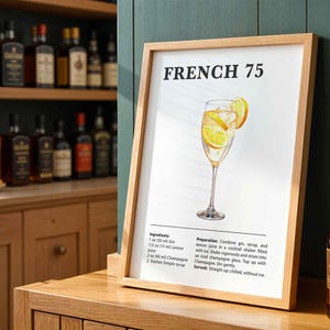 Impressão de coquetel francês 75, pôster de carrinho de bar com receita de coquetel, arte de parede clássica para bebidas alcoólicas para bar ou cozinha