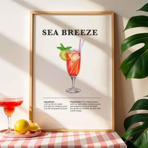 Wydruk koktajlu Sea Breeze, plakaty z przepisami na koktajle do baru Wydrukuj klasyczny napój alkoholowy Sztuka ścienna do baru lub kuchni