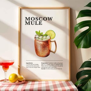 Impressão de coquetel Moscow Mule, pôster de carrinho de bar com receita de coquetel, arte de parede clássica para bebidas alcoólicas para bar ou cozinha