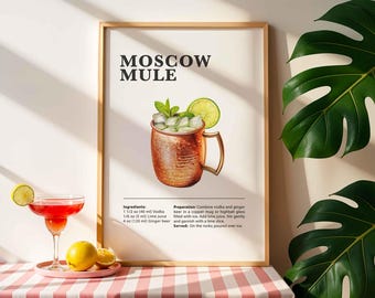 Moscow Mule Recipe Print, Classic Cocktail Bar Art