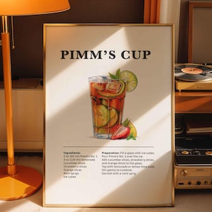 Wydruk koktajlu Pimm's Cup, plakaty z przepisami na koktajle do baru, klasyczny napój alkoholowy, sztuka ścienna do baru lub kuchni