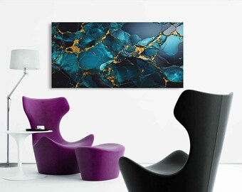 Blue Gold Marble Canvas Print – Abstract Stone Texture Wall Art