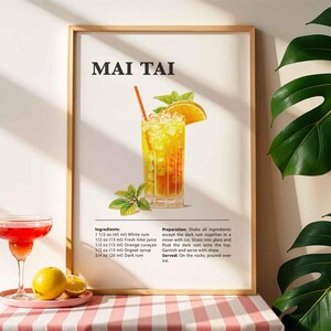 Mai Tai Cocktail Print, Cocktail Recipe Bar Cart Posters Print Classic Alcohol Drink Wall Art For Bar Or Kitchen