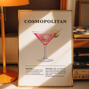 Impresión de cóctel cosmopolita / Póster de arte retro / Regalo de coctelería para ella / Decoración elegante de bar o cocina / Letrero de alcohol y póster de bebida