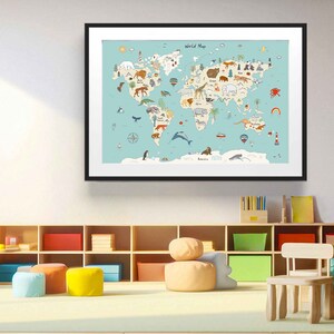 Art mural carte du monde animaux, carte du monde carte du monde animaux et faune Impression de chambre d'enfant, impression d'affiche, art animalier, décoration de chambre d'enfant, art mural de chambre d'enfants