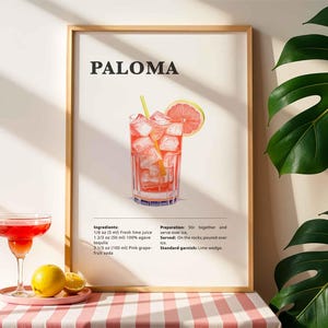 Impressão de coquetel Paloma, pôster de carrinho de bar com receita de coquetel, arte de parede clássica com bebida alcoólica para bar ou cozinha