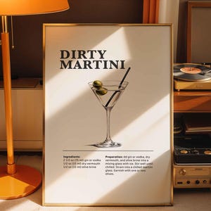 Brudny koktajl Martini Wydruk, Przepis na koktajle Bar Cart Plakaty Wydrukuj Klasyczny napój alkoholowy Sztuka ścienna do baru lub kuchni