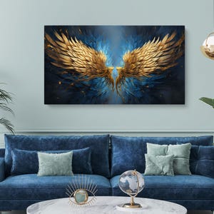 Golden Angel Wings Large Wall Art Print – Majestic Blue and Gold Abstract Art, Framed Canvas Art Prints for Wall Decor