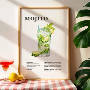 Koktajl Mojito Wydrukuj Przepis na Koktajl Bar Cart Plakaty Wydrukuj Klasyczny Napój Alkoholowy Sztuka Ścienna Do Baru Lub Kuchni