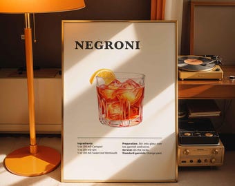 Impression de recette de cocktail Negroni, art de chariot de bar à boissons alcoolisées classique