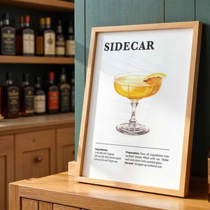 Impressão de coquetel sidecar, pôster de carrinho de bar com receita de coquetel, arte de parede clássica para bebidas alcoólicas para bar ou cozinha