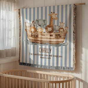 Personalized Noah's Ark Baptism Blanket Custom Baptism gift Boy Baby Christening Gift Woven Throw Name Blanket Christian Baby Shower Girl
