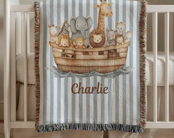 Personalized Noah's Ark Baby Blanket, Custom Baptism Woven Nursery Throw With Name, Baptism Gift For Boy, Christening Keepsake,Stripe Name